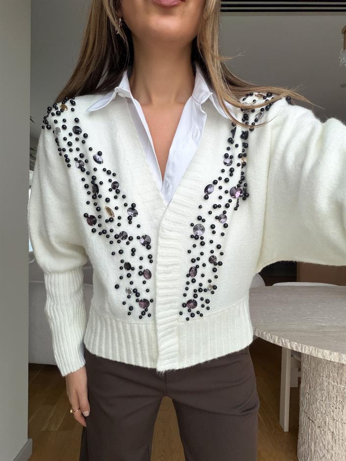 Taş Ve Boncuk Detaylı Hırka - Ekru 