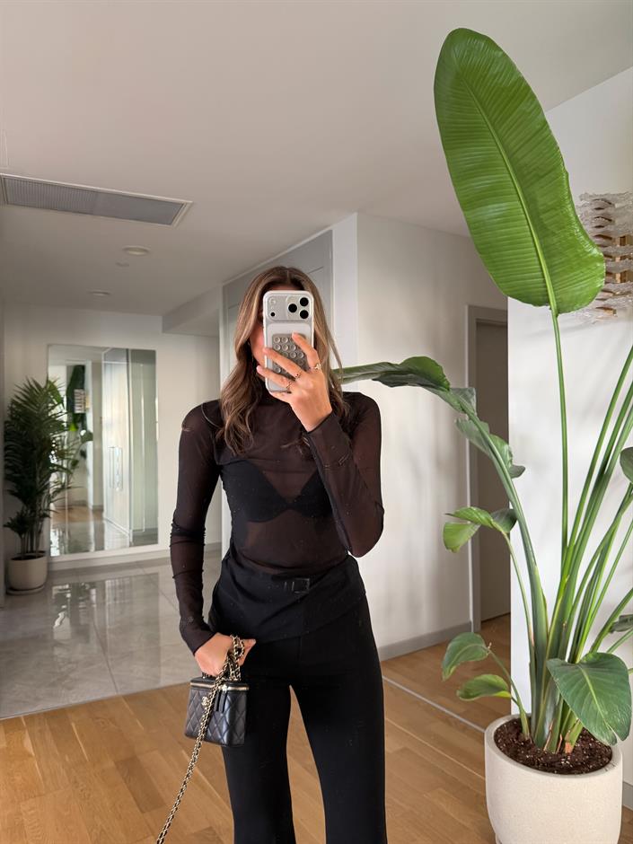 Taşlı Dik Yaka Transparan Bluz - Siyah