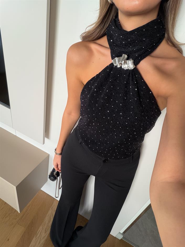 Taşlı Halter Yaka Bluz - Siyah
