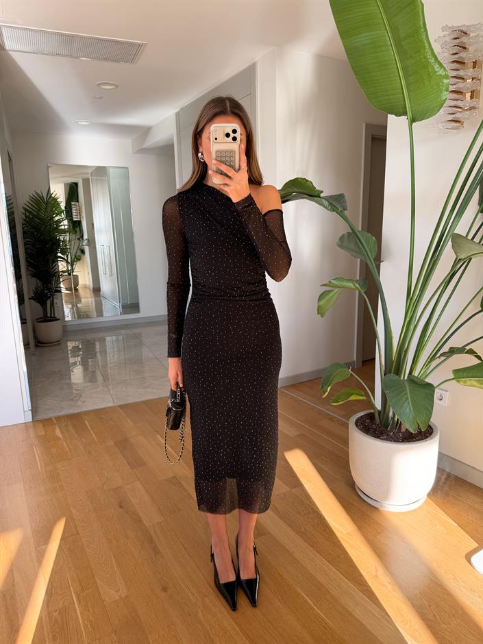 Taşlı Midi Boy Tül Elbise - Siyah