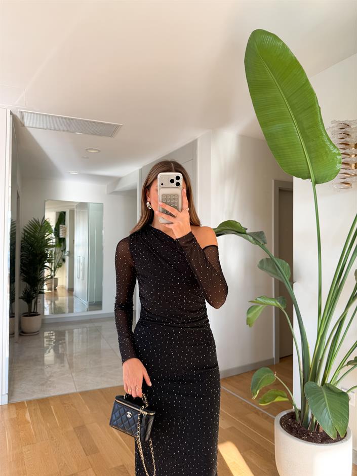 Taşlı Midi Boy Tül Elbise - Siyah