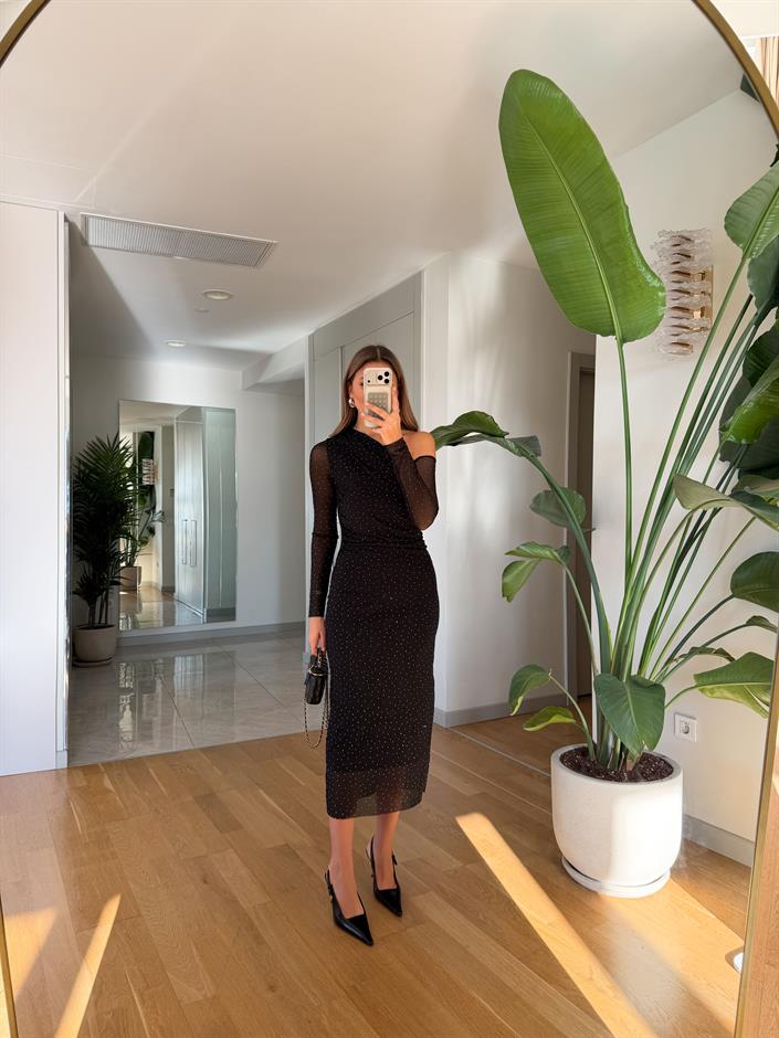 Taşlı Midi Boy Tül Elbise - Siyah