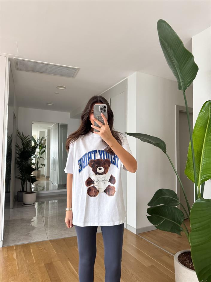 Teddy Baskılı Beyaz Tişört