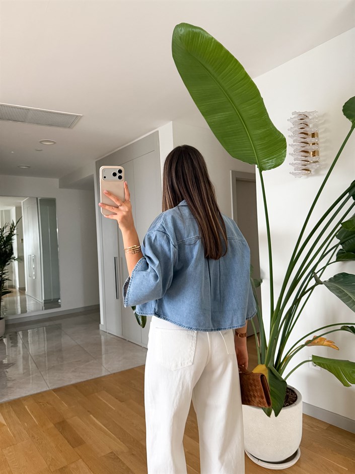 Tek Cepli Crop Denim Gömlek - Açık Mavi 