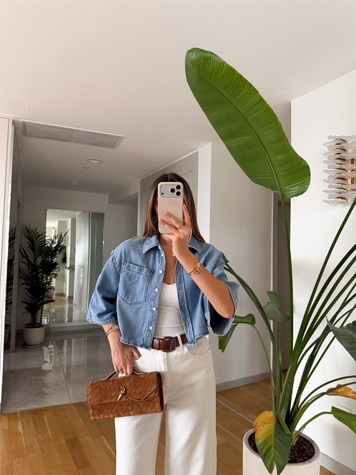 Tek Cepli Crop Denim Gömlek - Açık Mavi 