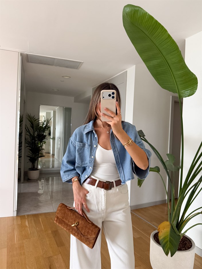 Tek Cepli Crop Denim Gömlek - Açık Mavi 