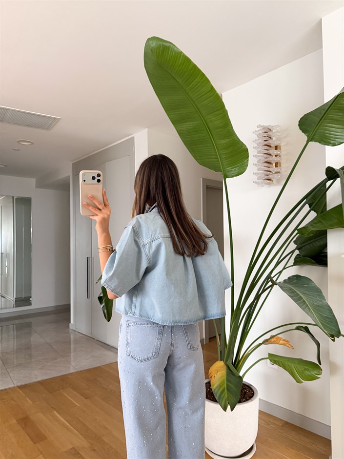 Tek Cepli Crop Denim Gömlek - Buz Mavi 