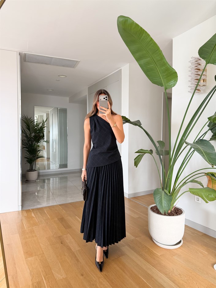 Tek Omuzlu Piliseli Etekli Takım - Lacivert