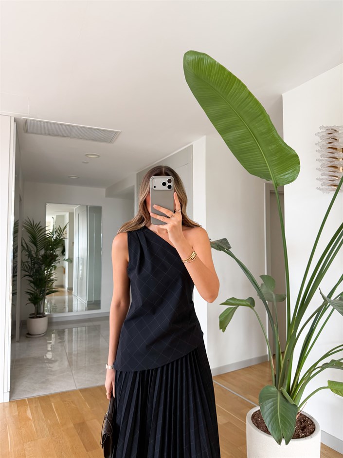 Tek Omuzlu Piliseli Etekli Takım - Lacivert