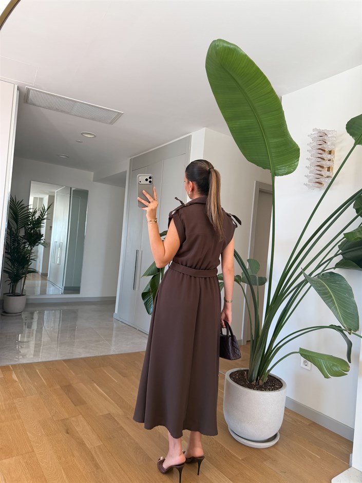 Julie Apolet Detaylı Kemerli Elbise - Kahve