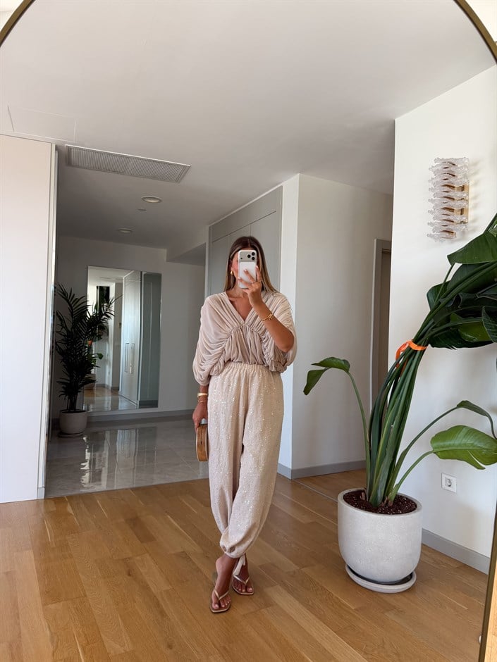 Tiger Pullu Şalvar Pantolon - Bej