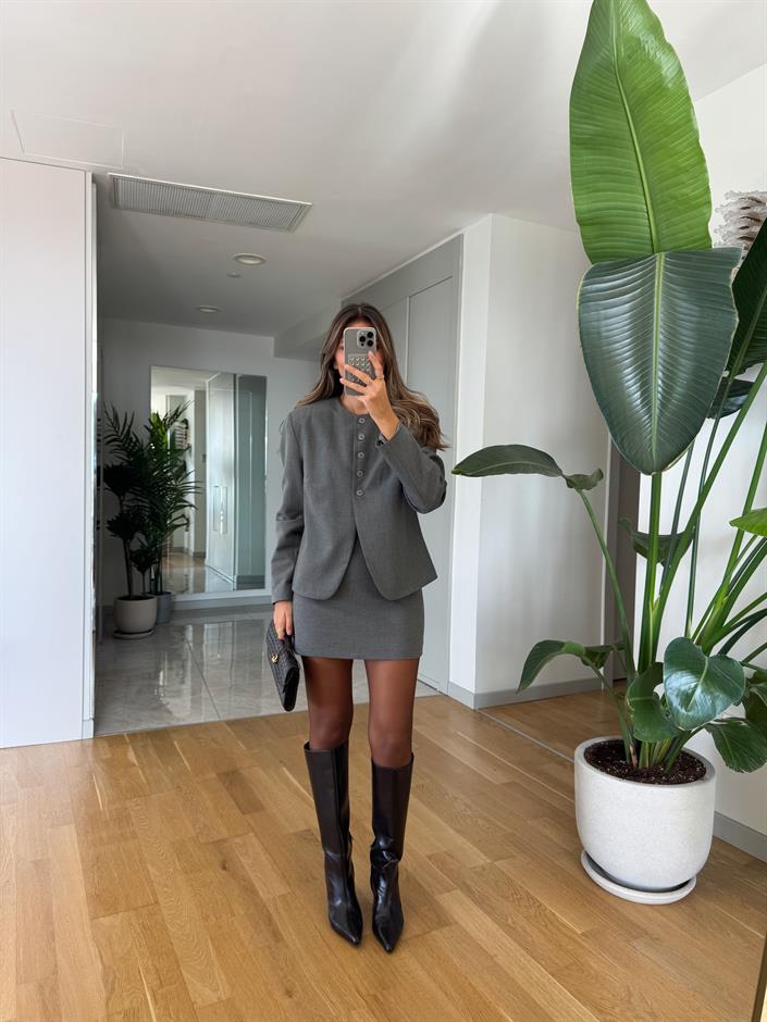 Tina Düz Kesim Mini Etek - Gri