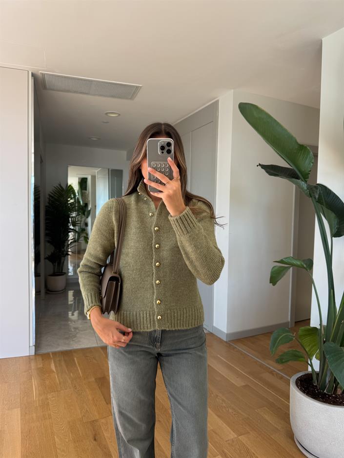 Top Düğmeli Hırka - Yeşil