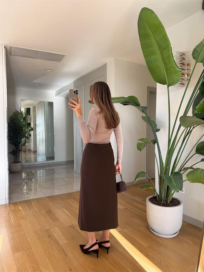Tül Detaylı Yırtmaçlı Midi Etek - Kahve