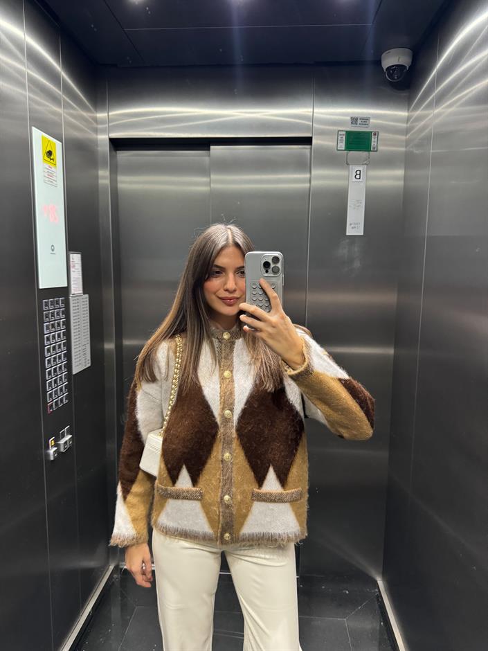 Şardonlu Baklava Desen Hırka - Kahve