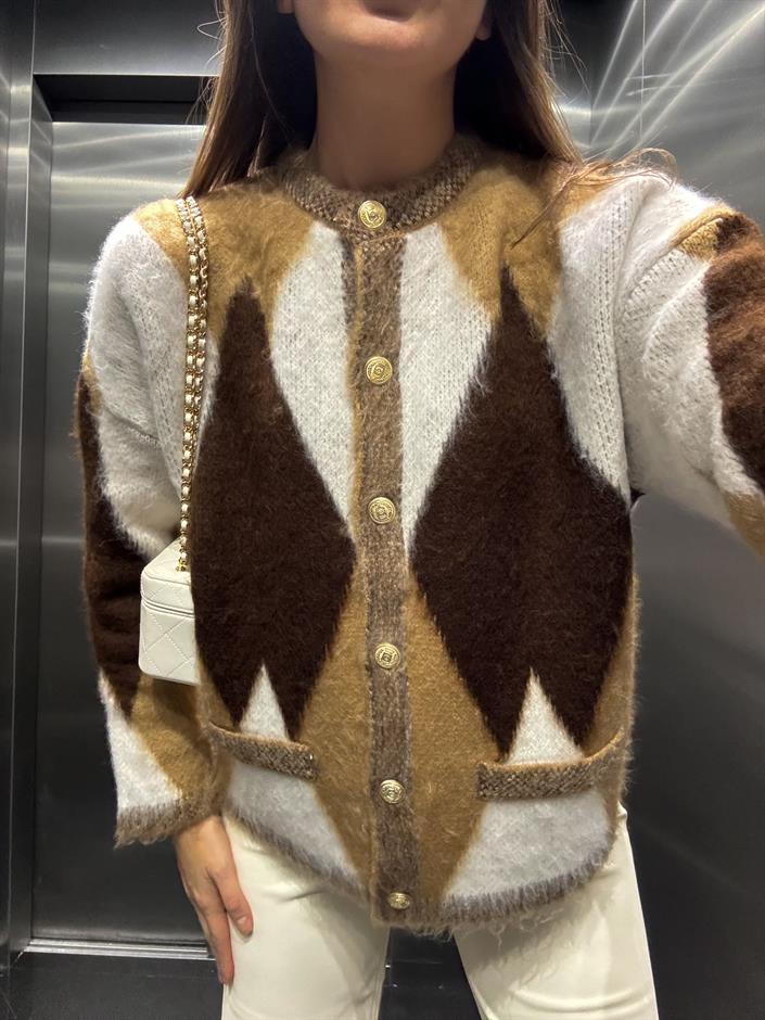 Şardonlu Baklava Desen Hırka - Kahve