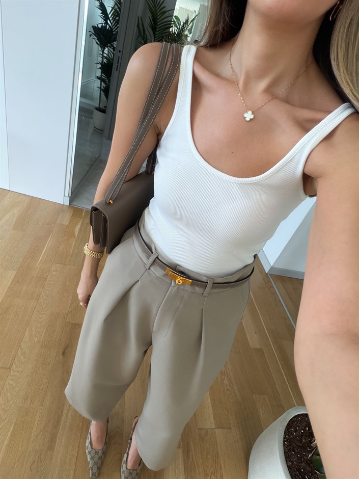 U Yaka Askılı Atlet - Krem