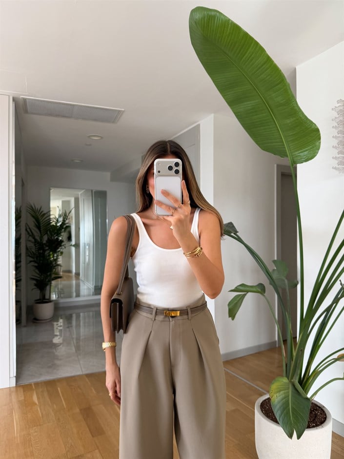 U Yaka Askılı Atlet - Krem