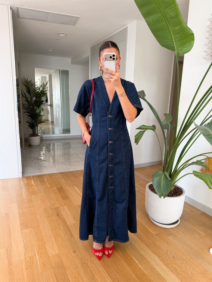 Urban Düğmeli Midi Denim Elbise