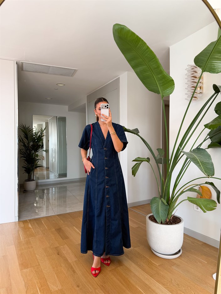 Urban Düğmeli Midi Denim Elbise