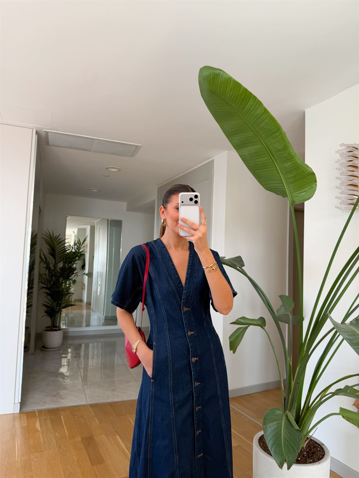 Urban Düğmeli Midi Denim Elbise
