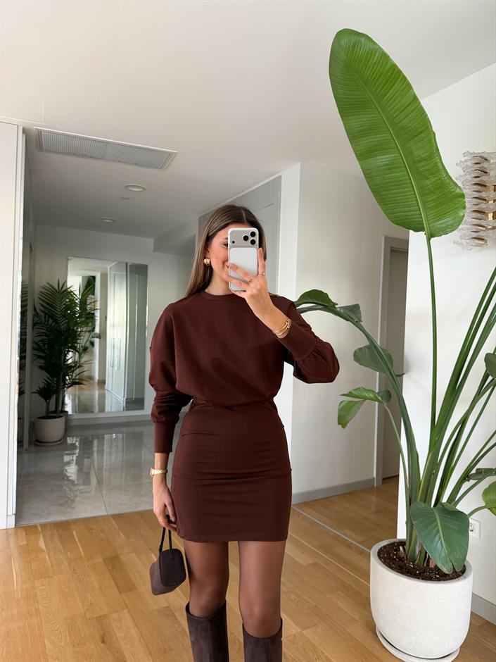 Üstü Dökümlü Penye Elbise - Kahve