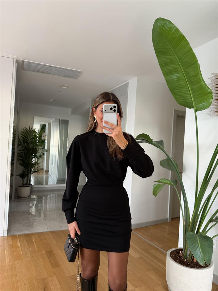 Üstü Dökümlü Penye Elbise - Siyah