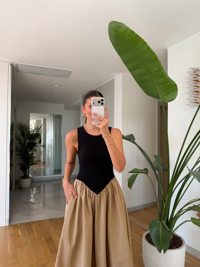 Üstü Jarse Poplin Elbise - Camel