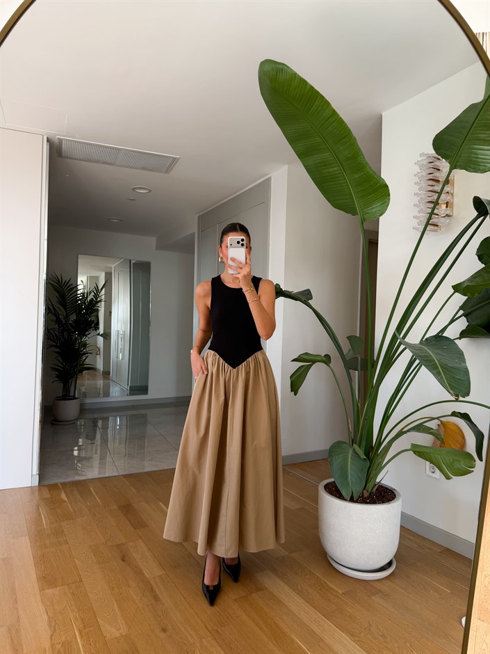 Üstü Jarse Poplin Elbise - Camel