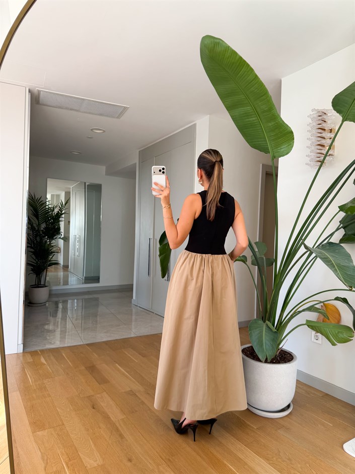 Üstü Jarse Poplin Elbise - Camel