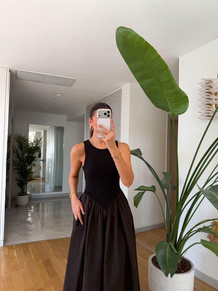 Üstü Jarse Poplin Elbise - Kahve