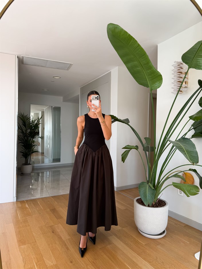 Üstü Jarse Poplin Elbise - Kahve