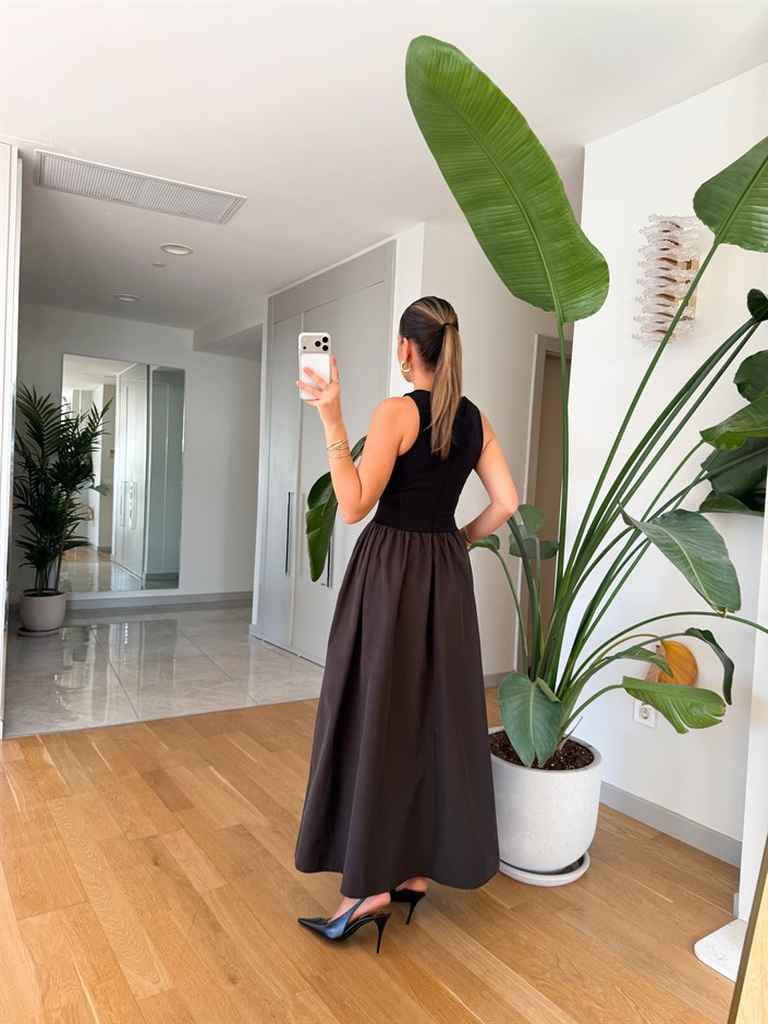 Üstü Jarse Poplin Elbise - Kahve