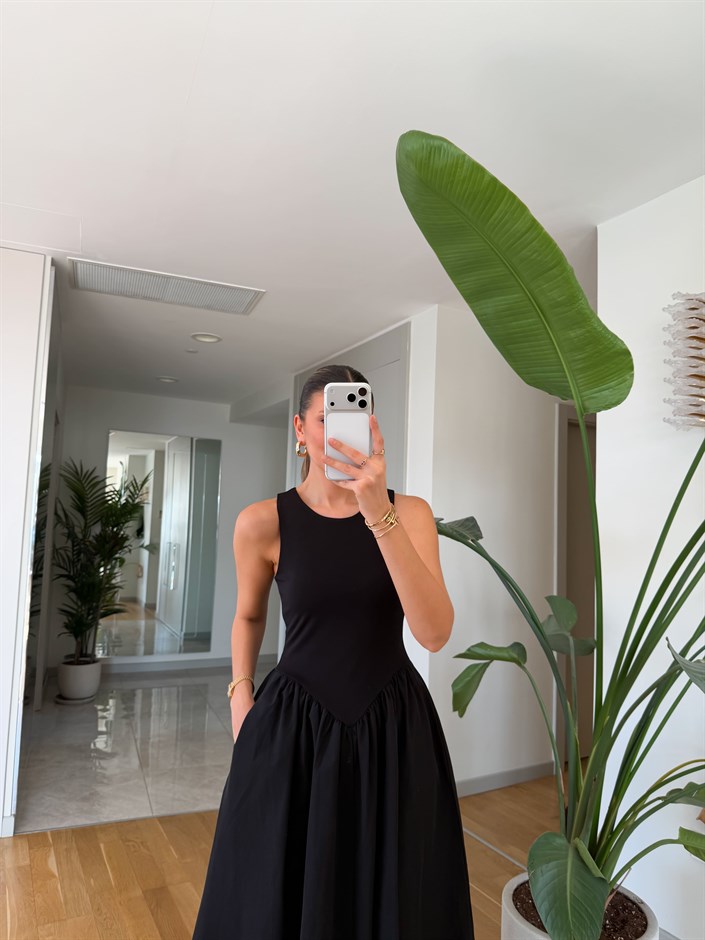 Üstü Jarse Poplin Elbise - Siyah