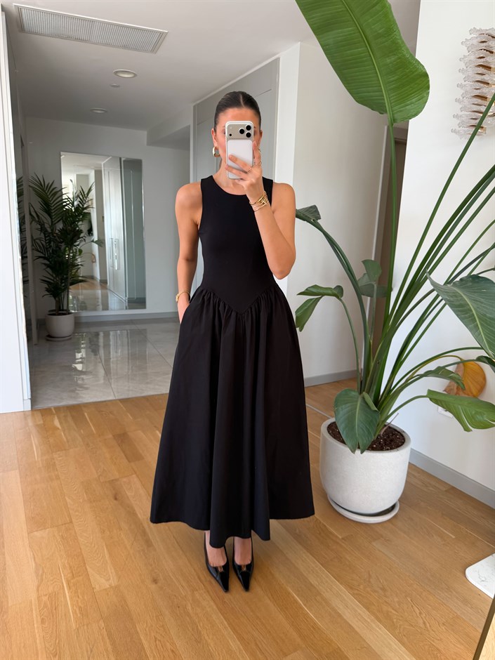 Üstü Jarse Poplin Elbise - Siyah