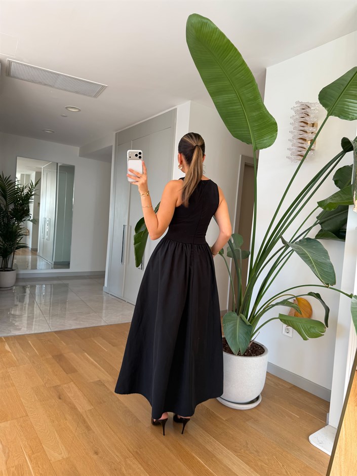 Üstü Jarse Poplin Elbise - Siyah