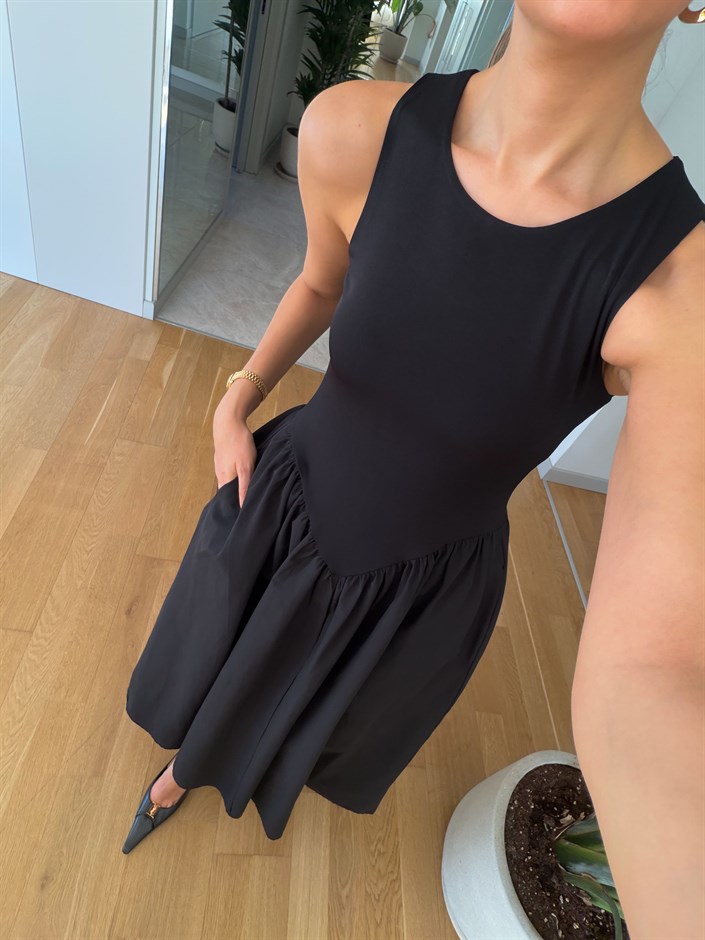 Üstü Jarse Poplin Elbise - Siyah