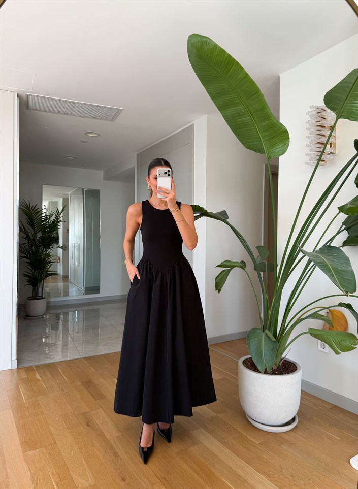 Üstü Jarse Poplin Elbise - Siyah