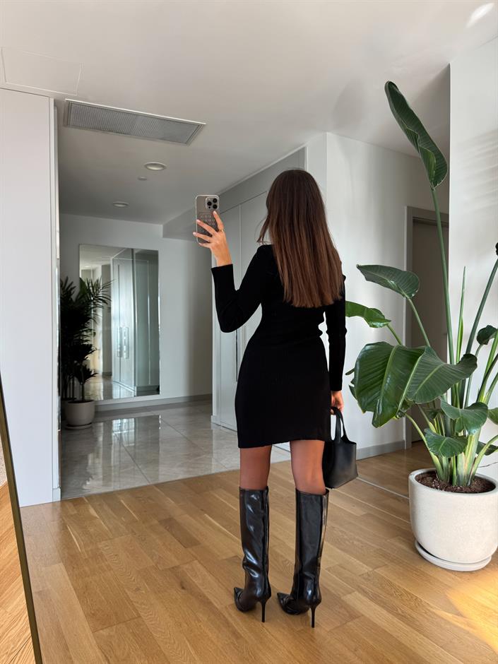 Uzun Kollu Basic Triko Elbise-Siyah