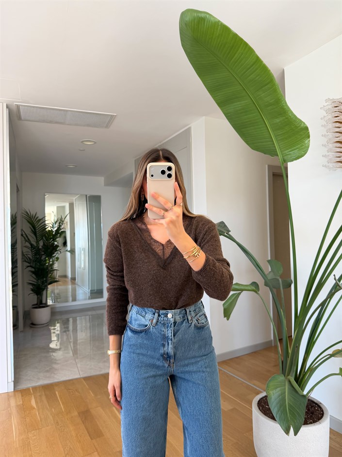 V Yaka Dantelli Triko - Kahve