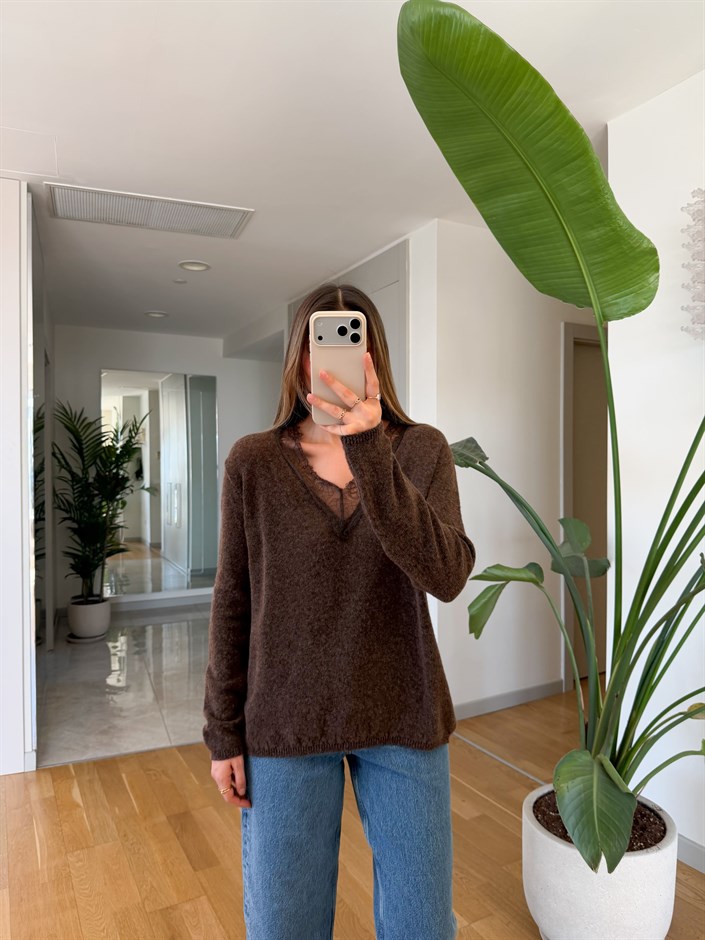 V Yaka Dantelli Triko - Kahve