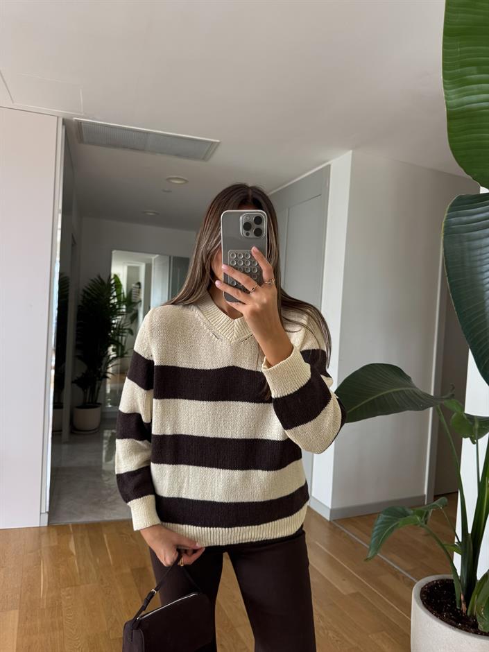 V Yaka Kalın Çizgili Triko - Kahve