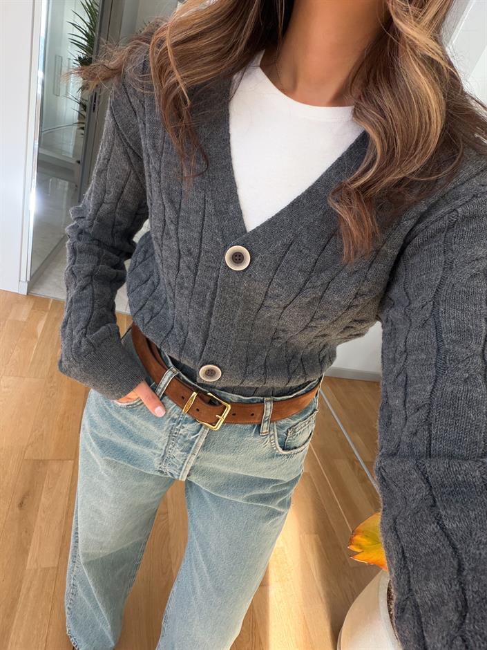 V Yaka Saç Örgülü Hırka - Antrasit 