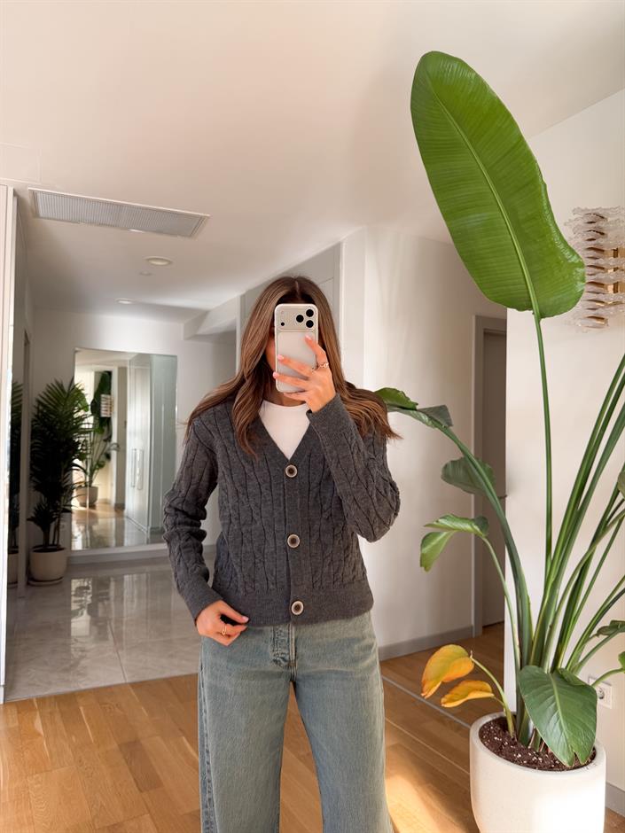 V Yaka Saç Örgülü Hırka - Antrasit 