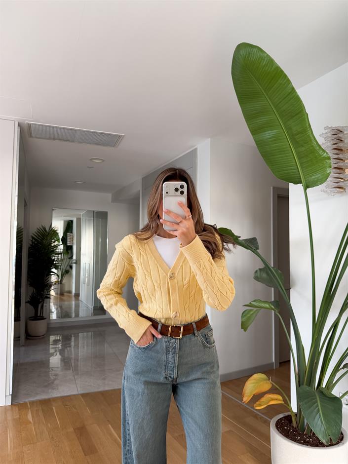 V Yaka Saç Örgülü Hırka - Sarı 