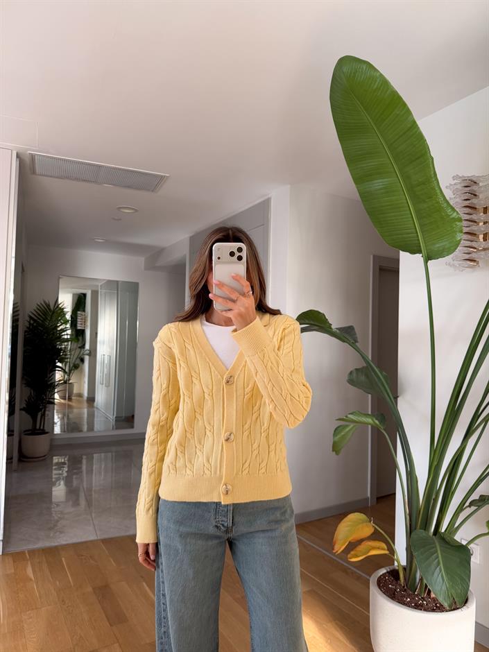 V Yaka Saç Örgülü Hırka - Sarı 