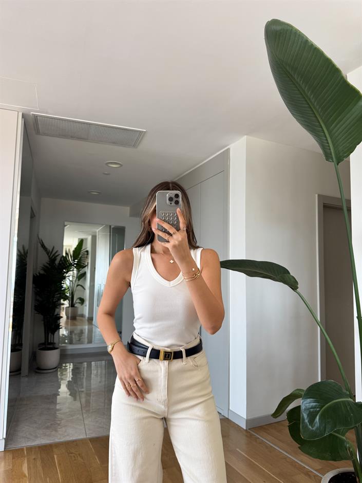 V Yaka Sıfır Kol Badi - Ekru