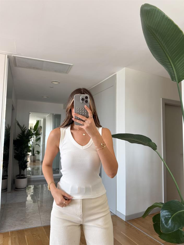 V Yaka Sıfır Kol Badi - Ekru