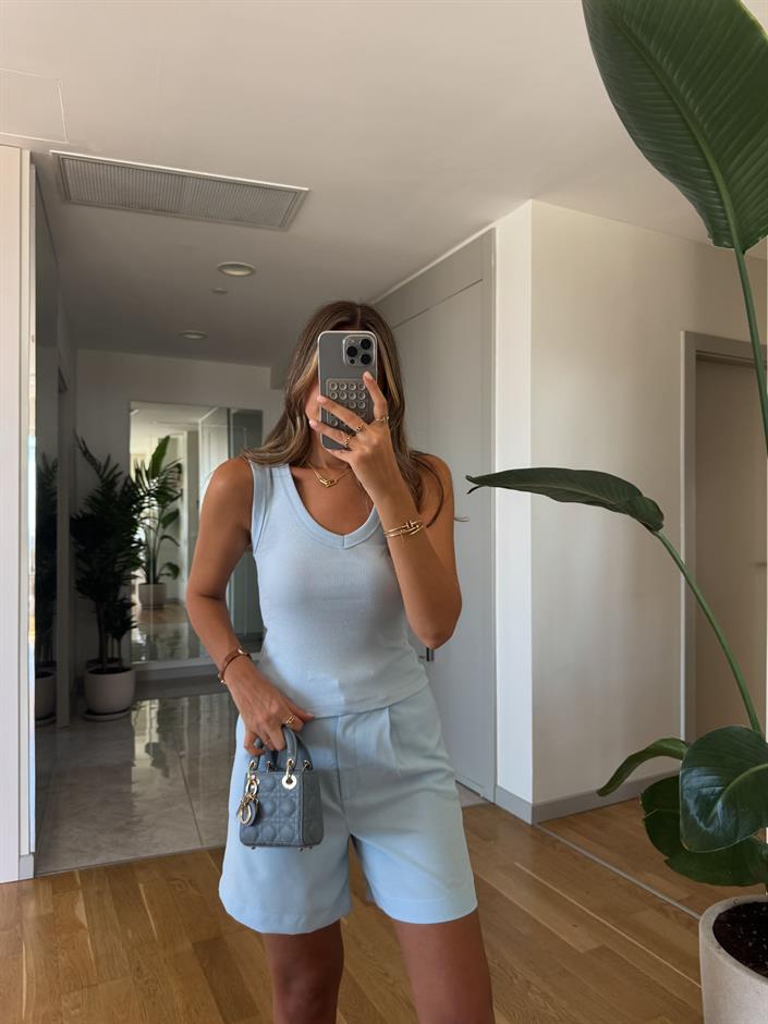 V Yaka Sıfır Kol Badi - Mavi