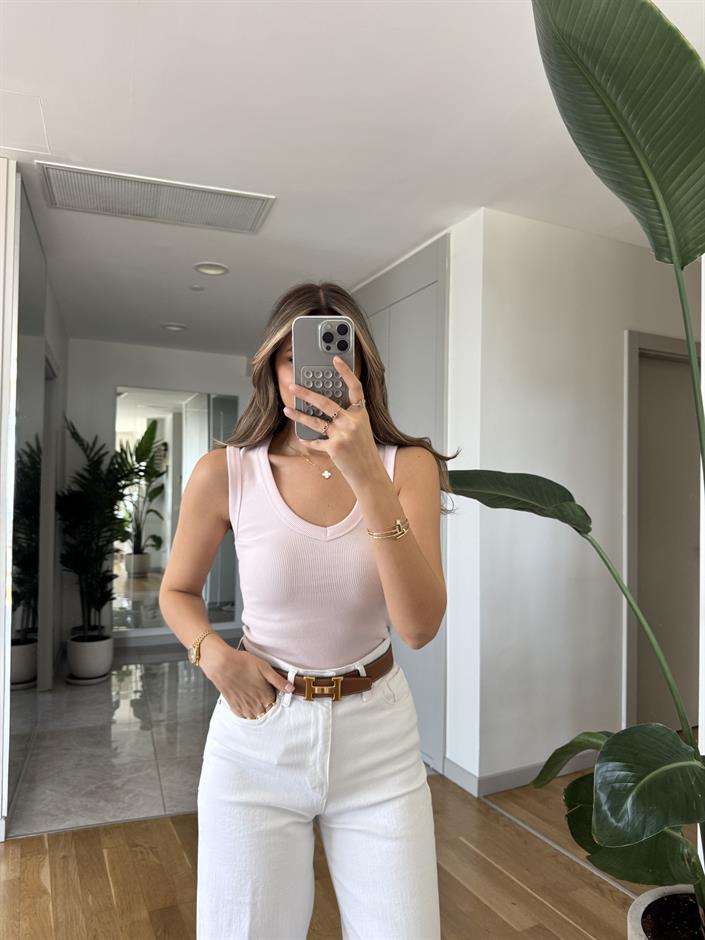 V Yaka Sıfır Kol Badi - Pembe